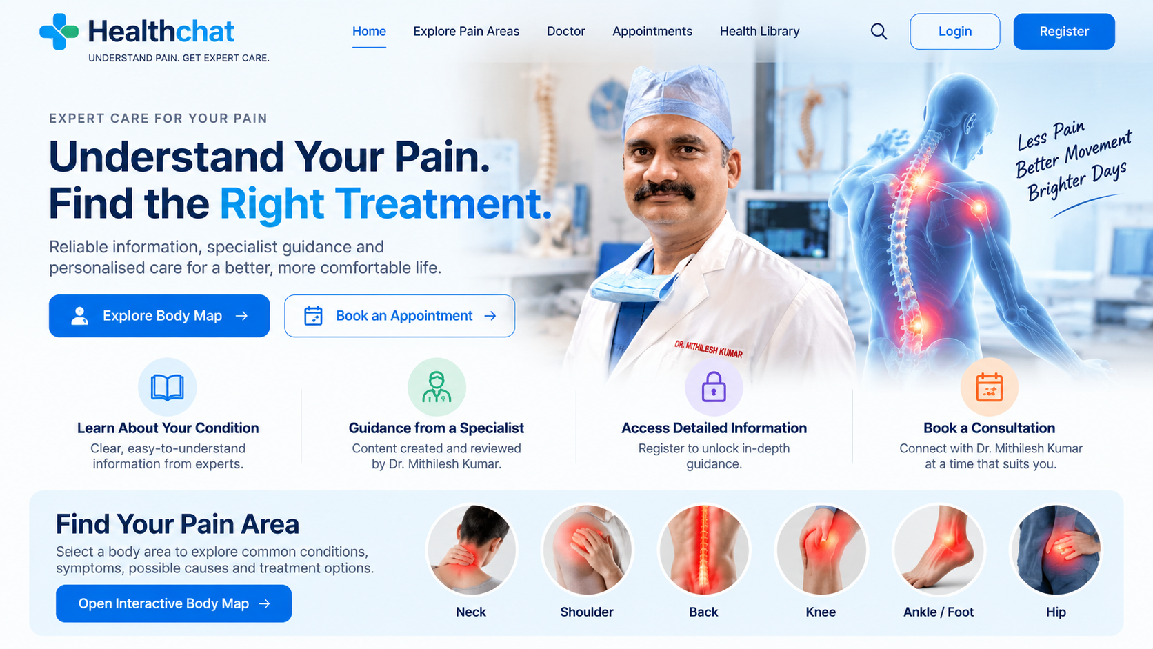Doctor pictured in a clinical setting beside an illustrative pain diagram